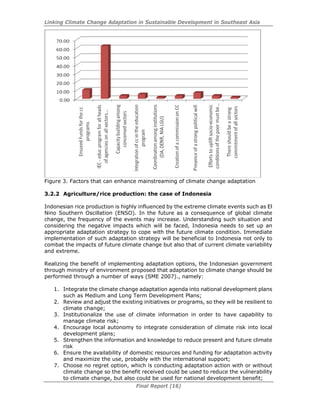 Linking Climate Change Adaptation in Sustainable Development in Southeast Asia
Final Report (16)
Figure 3. Factors that can enhance mainstreaming of climate change adaptation
3.2.2 Agriculture/rice production: the case of Indonesia
Indonesian rice production is highly influenced by the extreme climate events such as El
Nino Southern Oscillation (ENSO). In the future as a consequence of global climate
change, the frequency of the events may increase. Understanding such situation and
considering the negative impacts which will be faced, Indonesia needs to set up an
appropriate adaptation strategy to cope with the future climate condition. Immediate
implementation of such adaptation strategy will be beneficial to Indonesia not only to
combat the impacts of future climate change but also that of current climate variability
and extreme.
Realizing the benefit of implementing adaptation options, the Indonesian government
through ministry of environment proposed that adaptation to climate change should be
performed through a number of ways (SME 2007)., namely:
1. Integrate the climate change adaptation agenda into national development plans
such as Medium and Long Term Development Plans;
2. Review and adjust the existing initiatives or programs, so they will be resilient to
climate change;
3. Institutionalize the use of climate information in order to have capability to
manage climate risk;
4. Encourage local autonomy to integrate consideration of climate risk into local
development plans;
5. Strengthen the information and knowledge to reduce present and future climate
risk
6. Ensure the availability of domestic resources and funding for adaptation activity
and maximize the use, probably with the international support;
7. Choose no regret option, which is conducting adaptation action with or without
climate change so the benefit received could be used to reduce the vulnerability
to climate change, but also could be used for national development benefit;
 