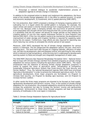 Linking Climate Change Adaptation in Sustainable Development in Southeast Asia
Final Report (17)
8. Encourage a national dialogue to accelerate implementation process of
adaptation agenda to climate change in Indonesia
In addition to the proposed action to design and implement the adaptations, the focus
areas of the climate change adaptation are 1) the effort to address poverty; 2) social
and economic development; 3) investment; and 4) spatial planning (SME 2007).
For rice production, Boer (2007) proposed a strategy of changing cropping pattern for
cultivating rice in a region where the rainfall pattern is changing. For example, the
region whose wet season is shorter should change from cropping pattern of rice-rice to
rice-non rice. Because under a changing climate, the occurrence of extreme climate
event associated with drought will be more frequent than the current climate and there
is a possibility that the dry season will persist for longer periods so that keeping the
cropping pattern of rice-rice may expose Indonesian farmers to more frequent crop
failures (GOI 2007). If the rice-rice pattern wants to be maintained, the development or
improvement of water storage and irrigation facilities is required for supplying water
during the dry season. Furthermore, huge efforts are also required for searching new
short maturing rice variety to anticipate the shorter period of wet season
Moreover, (GOI 2007) developed the list of climate change adaptation for various
sectors in Indonesia. The list categorized the adaptation options into two: short-term
and long-term. The short term plan focuses on cropping calendar, efficiency of water
use, rain fed rice development, pest and diseases control, and searching for new variety
which is tolerant to high temperature, while the long-term is addressed to develop early
warning system to flood and drought and integrated management of water uses.
The RAN-MAPI (Rencana Aksi Nasional Menghadapi Perubahan Iklim - National Action
Plan to Cope with Climate Change) clarified more detailed programs on climate change
adaptation for various sectors including the agriculture sector (SME 2007). The report
emphasized that the objective of devising climate change adaptation programs is
mainly to support the vision of agriculture sector “Actualization of Competitive
Sustainable Industrial Agriculture System that Could Ensure the Food Security and
Farmer Welfare”. Thus, the national development agenda 2005-2009 have prioritized
‘Agriculture Revitalization” in order to achieve the Indonesian agriculture vision. For this
agricultural development, three major programs are formulated: (1) Program to
increase food security; (2) Program to develop agro business; and (3) Program to
increase farmers’ welfare.
In other words the three major programs are directed to be focused on food supply,
agribusiness development and farmers’ income. Thus, in the context of climate change
adaptation for rice production, the proposed adaptations should be directed not only to
increase the production but also to increase the farmers’ income and agribusiness
development. Achievement to these three focused programs will lead to improved
economy of livelihoods in the rural region in Indonesia.
Table 2. Climate Change Adaptation Options for Agricultural Sector
Problems /Impacts Proposed General Adaptation Program
Drought Short term Long term
• Limited irrigation water
• Reduced planting areas
• Loss of crops yield
• Failure to harvest
• Water conservation
• Water harvesting
• Controlled groundwater
exploitation
• Early warning system to
drought hazard
• Integrated irrigation
water management for
 