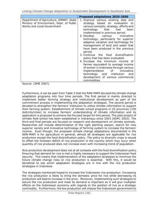 Linking Climate Change Adaptation in Sustainable Development in Southeast Asia
Final Report (20)
Proposed adaptations 2025-2050
Department of Agriculture, KMNRT, State
Ministry of Environment, Dept. of Public
Works and Local Government
1. Improve various existing step and
strategy based on evaluation to
various concepts, strategy, efforts and
technology that had been
implemented in previous period.
2. Develop various innovative
technology, particularly for superior
adaptive variation and technology for
management of land and water that
have been produced in the previous
period.
3. Continue the food diversification
policy that has been evaluated.
4. Increase the minimum income of
farmer equivalent to average income
of worker in Indonesia through various
implementation of innovative
technology and institution and
development of various commercial
commodities
Source: (SME 2007)
Furthermore, it can be seen from Table 3 that the RAN-MAPI devised the climate change
adaptation programs into four time periods. The first period is mainly directed to
implement better farming strategy and institutional development as part of the
commitment process in implementing the adaptation strategies. The second period is
devoted to strengthen the farmers’ institution to utilize climate information to support
their farming system. Establishment of climate school programs in 25 provinces (150
districts/cities) to increase farmers’ understanding of climate information and its
application is proposed to achieve the focused target for this period. The pilot project of
climate field school has been established in Indramayu since 2003 (ADPC 2003). The
third and final periods are focused on research and development on climate anomaly.
Researches will include determination of the right planting season, search for new
superior variety and innovative technology of farming system to increase the farmers’
income. Even though, the proposed climate change adaptations documented in the
RAN-MAPI is for agriculture in general, almost all strategies are applicable for rice
production except the food diversification policy. The policy to diversify crops is issued
to offset the foreseen deficit of rice production in the country which may occur when
quantity of rice produced does not increase even with increasing trend of population.
Rice production development does not at all compete with the food diversification policy.
Ensuring that demand for rice is met is highly necessary to support the Indonesian food
security. This means that implementation of the adaptation strategies to minimize the
future climate change risks on rice production is essential. With this, it would be
beneficial to see which adaptation strategies are in line with the rice production
strategies in Indonesia
The strategies mentioned hoped to increase the Indonesian rice production. Increasing
the rice production is likely to bring the domestic price for rice while decreasing its
production will lead to increase in the price. Moreover, implementing such strategies to
secure the rice production and meet its demand is important as it will give multiplier
effects on the Indonesian economy with regards to the position of rice as a strategic
commodity. Furthermore, the low production will impose the Indonesian government to
 