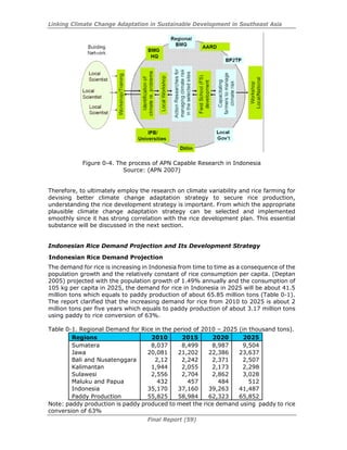 Linking Climate Change Adaptation in Sustainable Development in Southeast Asia
Final Report (59)
Figure 0-4. The process of APN Capable Research in Indonesia
Source: (APN 2007)
Therefore, to ultimately employ the research on climate variability and rice farming for
devising better climate change adaptation strategy to secure rice production,
understanding the rice development strategy is important. From which the appropriate
plausible climate change adaptation strategy can be selected and implemented
smoothly since it has strong correlation with the rice development plan. This essential
substance will be discussed in the next section.
Indonesian Rice Demand Projection and Its Development Strategy
Indonesian Rice Demand Projection
The demand for rice is increasing in Indonesia from time to time as a consequence of the
population growth and the relatively constant of rice consumption per capita. (Deptan
2005) projected with the population growth of 1.49% annually and the consumption of
105 kg per capita in 2025, the demand for rice in Indonesia in 2025 will be about 41.5
million tons which equals to paddy production of about 65.85 million tons (Table 0-1).
The report clarified that the increasing demand for rice from 2010 to 2025 is about 2
million tons per five years which equals to paddy production of about 3.17 million tons
using paddy to rice conversion of 63%.
Table 0-1. Regional Demand for Rice in the period of 2010 – 2025 (in thousand tons).
Regions 2010 2015 2020 2025
Sumatera 8,037 8,499 8,987 9,504
Jawa 20,081 21,202 22,386 23,637
Bali and Nusatenggara 2,12 2,242 2,371 2,507
Kalimantan 1,944 2,055 2,173 2,298
Sulawesi 2,556 2,704 2,862 3,028
Maluku and Papua 432 457 484 512
Indonesia 35,170 37,160 39,263 41,487
Paddy Production 55,825 58,984 62,323 65,852
Note: paddy production is paddy produced to meet the rice demand using paddy to rice
conversion of 63%
 