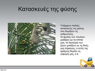 Καηαζθεπέο ηεο θύζεο
Τπάξρνπλ πνιιέο
θαηαζθεπέο ηεο θύζεο
πνπ ζπκίδνπλ ηηο
αλζξώπηλεο.
Οη θσιηέο ησλ πνπιηώλ
κνηάδνπλ κε ηα ζπίηηα
καο, ηα ιαγνύκηα ησλ
δώσλ κνηάδνπλ κε ηηο δηθέο
καο ζήξαγγεο, ν ηζηόο ηεο
αξάρλεο ζπκίδεη ηηο
γέθπξέο καο, θ.ά.
 