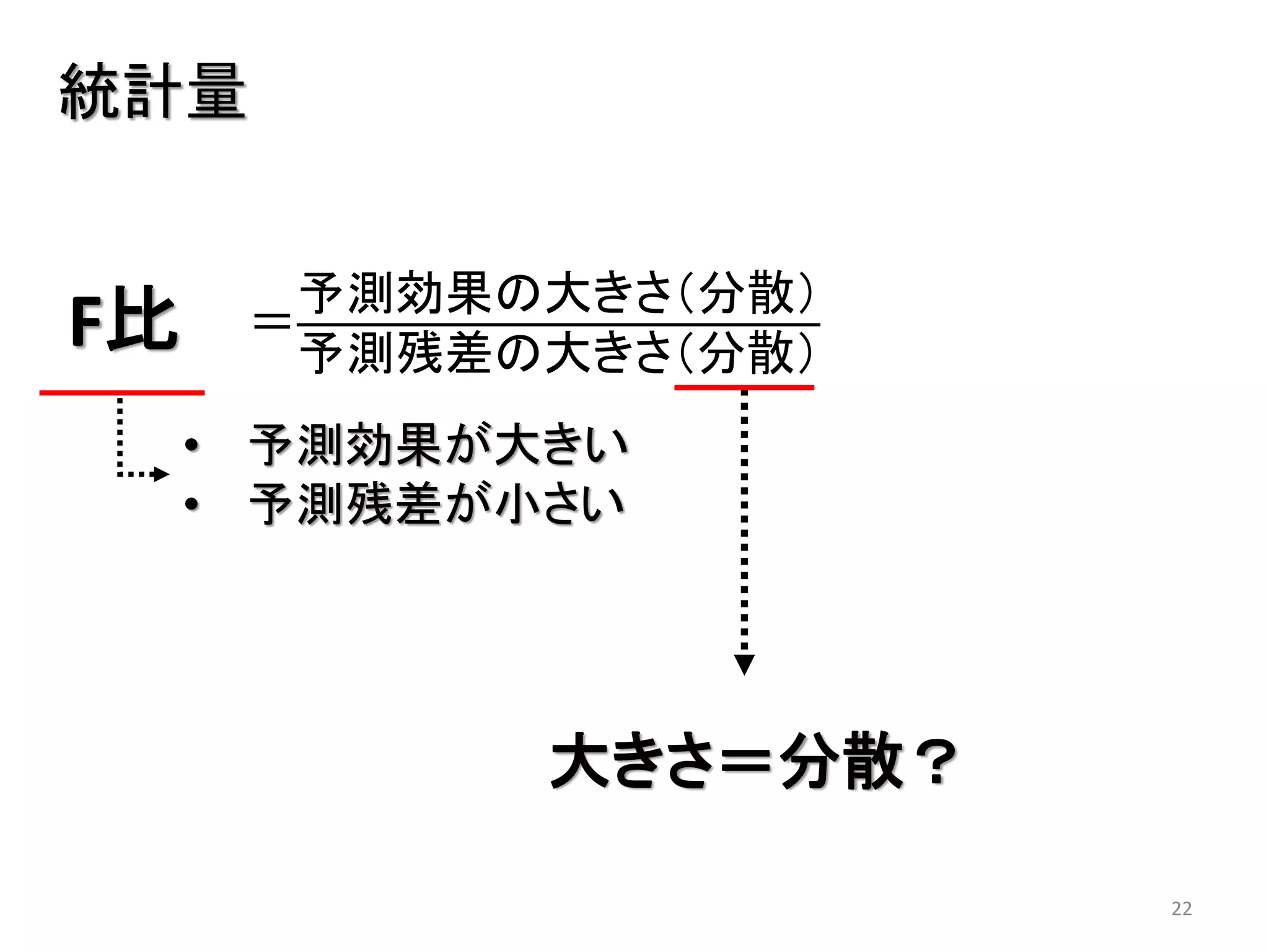 22
統計量
F比 ＝
予測効果の大きさ（分散）
予測残差の大きさ（分散）
• 予測効果が大きい
• 予測残差が小さい
大きさ＝分散？
 