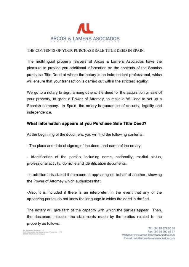 contents of your purchase sale title deed in spain
