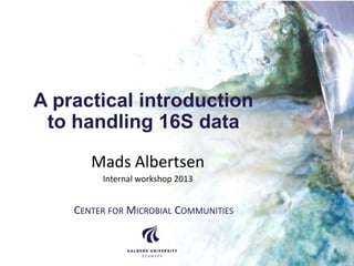 A practical introduction
to handling 16S data
Mads Albertsen
Internal workshop 2013
CENTER FOR MICROBIAL COMMUNITIES
 