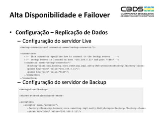 Alta Disponibilidade e Failover
• Configuração – Replicação de Dados
– Configuração do servidor Live

– Configuração do servidor de Backup

 
