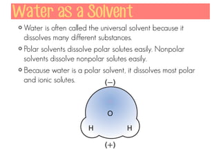 Water as a Solvent
Water is often called the universal solvent because it
dissolves many different substances.
Polar solvents dissolve polar solutes easily. Nonpolar
solvents dissolve nonpolar solutes easily.
Because water is a polar solvent, it dissolves most polar
and ionic solutes.

 