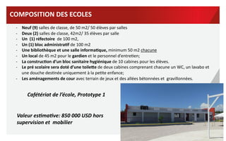 COMPOSITION	
  DES	
  ECOLES	
  	
  
	
   	
  
-­‐ 
-­‐ 
-­‐ 
-­‐ 
-­‐ 
-­‐ 
-­‐ 
-­‐ 

	
  	
  

	
  

Neuf	
  (9)	
  salles	
  de	
  classe,	
  de	
  50	
  m2/	
  50	
  élèves	
  par	
  salles	
  
Deux	
  (2)	
  salles	
  de	
  classe,	
  42m2/	
  35	
  élèves	
  par	
  salle	
  
Un	
  	
  (1)	
  réfectoire	
  	
  de	
  100	
  m2,	
  
Un	
  (1)	
  bloc	
  administraBf	
  de	
  100	
  m2	
  	
  
Une	
  bibliothèque	
  et	
  une	
  salle	
  informaBque,	
  minimum	
  50	
  m2	
  chacune	
  
Un	
  local	
  de	
  45	
  m2	
  pour	
  le	
  gardien	
  et	
  le	
  personnel	
  d’entreVen;	
  
La	
  construcBon	
  d’un	
  bloc	
  sanitaire	
  hygiénique	
  de	
  10	
  cabines	
  pour	
  les	
  élèves.	
  
Le	
  pré	
  scolaire	
  sera	
  doté	
  d’une	
  toile`e	
  de	
  deux	
  cabines	
  comprenant	
  chacune	
  un	
  WC,	
  un	
  lavabo	
  et	
  
une	
  douche	
  desVnée	
  uniquement	
  à	
  la	
  peVte	
  enfance;	
  
-­‐  Les	
  aménagements	
  de	
  cour	
  avec	
  terrain	
  de	
  jeux	
  et	
  des	
  allées	
  bétonnées	
  et	
  	
  gravillonnées.	
  

Cafétériat	
  de	
  l’école,	
  Prototype	
  1	
  
Valeur	
  esImaIve:	
  850	
  000	
  USD	
  hors	
  
supervision	
  et	
  	
  mobilier	
  
31	
  

 