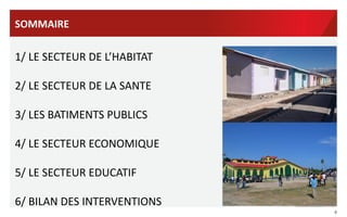 SOMMAIRE	
  

1/	
  LE	
  SECTEUR	
  DE	
  L’HABITAT	
  
	
  
2/	
  LE	
  SECTEUR	
  DE	
  LA	
  SANTE	
  
	
  
3/	
  LES	
  BATIMENTS	
  PUBLICS	
  
	
  
4/	
  LE	
  SECTEUR	
  ECONOMIQUE	
  
	
  
5/	
  LE	
  SECTEUR	
  EDUCATIF	
  
	
  
6/	
  BILAN	
  DES	
  INTERVENTIONS	
  
4	
  

 