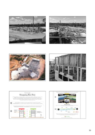 23/29

“do Laboratório de Pesquisa ao Canteiro de Obras”

5.

CONSIDERAÇÕES SOBRE O COLAPSO.

Nos dias 22 e 23/08/2013, esta consultoria esteve presente ao local da obra para acompanhamento
das extrações de testemunhos da parte não colapsada da estrutura de concreto. Na Fig. 5.1 abaixo é
possível visualizar a situação da obra no dia da visita.

Comunicado

Shopping Rio Poty
O Shopping Rio Poty vem a público esclarecer a causa do incidente verificado na madrugada de 11/07, bem como
detalhar seu plano de retomada das obras, tornado possível após reunir técnicos de renome nacional em
colaboração com as autoridades públicas. A conclusão irrefutável a que se chegou foi de que o incidente se deveu a
um erro de execução específico e pontual. É importante frisar que, por se tratar de erro isolado, fica garantida a
continuidade do projeto. Abaixo a descrição do que ocorreu:

1

Antes de iniciada a concretagem de um trecho específico da Laje do 5º pavimento (L5), foi retirado
INADVERTIDAMENTE o escoramento da Laje do 4º pavimento (L4), que se encontrava parcialmente tensionada.

Na fase final da concretagem de trecho do L5, a soma das cargas de duas lajes (L4+L5), sob uma única laje (L4)
PARCIALMENTE TENSIONADA e NÃO ESCORADA, acarretou no colapso em cadeia da estrutura.
Procedimento Incorreto
Passo 2 - incorreto

Procedimento Correto

Laje em processo
de concretagem

L5

Laje parcialmente
tensionada

2

L4
Laje sem
Re-escoramento

Escoramento correto
executado em toda a obra
do L5 da asa afetada.

L3
L2
L1

O fundamental a destacar é que as estruturas são SEPARADAS em duas asas distintas. Ou seja, a estrutura remanescente
sempre se manteve completamente independente daquela que foi afetada. Por conta disso, a estrutura remanescente
PERMANECE INTACTA.

Comunicado

Shopping Rio Poty

Divisão Entre Estruturas
Estrutura Afetada

O Shopping Rio Poty vem a público esclarecer a causa do incidente verificado na madrugada de 11/07, bem como
detalhar seu plano de retomada das obras, tornado possível após reunir técnicos de renome nacional em
colaboração com as autoridades públicas. A conclusão irrefutável a que se chegou foi de que o incidente se deveu a
um erro de execução específico e pontual. É importante frisar que, por se tratar de erro isolado, fica garantida a
continuidade do projeto. Abaixo a descrição do que ocorreu:

1

Estrutura Intacta

3

Antes de iniciada a concretagem de um trecho específico da Laje do 5º pavimento (L5), foi retirado
INADVERTIDAMENTE o escoramento da Laje do 4º pavimento (L4), que se encontrava parcialmente tensionada.
PRÓXIMOS PASSOS

Na fase final da concretagem de trecho do L5, a soma das cargas de duas lajes (L4+L5), sob uma única laje (L4)
PARCIALMENTE TENSIONADA e NÃO ESCORADA, acarretou no colapso em cadeia da estrutura.

O plano de retomada será executado em duas frentes simultâneas. Um grupo de colaboradores concluirá a estrutura intacta.
O segundo grupo se encarregará da reconstrução da área afetada.

Figura 5.1 Situação do trecho colapsado e imagens do dia da visita.
Remoção
do entulho

Procedimento Incorreto
Passo 2 - incorreto

2

Área
Intacta

L5

Laje em processo
de concretagem
Laje parcialmente
tensionada

Área
Afetada

Procedimento Correto

L4
Laje sem
Re-escoramento

Escoramento correto
executado em toda a obra

Hoje

SET

OUT

Finalização da
estrutura

Reconstrução
da estrutura

NOV

DEZ

JAN

FEV

MAR

Implantação
das lojas

Fase de instalações e
acabamento

ABR

MAI

JUN

JUL

AGO

SET

OUT

Nov
2014

Fase de instalações e
acabamento
Antiga data
de inauguração

Conclusão
das obras

Nova data
de Inauguração

do L5 da asa afetada.

L3

Mais uma vez faz-se questão de agradecer aos cidadãos piauienses por todas as manifestações de solidariedade e apoio.
O Shopping Rio Poty é desde já um marco no desenvolvimento social, cultural e econômico da cidade de Teresina.
Em novembro de 2014, ele estará pronto para receber a todos de braços abertos!

Consta que na madrugada após a concretagem da laje L5, no dia 11/06/2013, houve o colapso
parcial da estrutura do shopping Rio Poty, em Teresina, PI. Durante visita desta Consultoria a obra,
foram observados alguns aspectos de projeto e execução que chamaram a atenção, entre os quais:
L2
L1

Mais informações na nossa Fanpage: www.facebook.com/ShoppingRioPoty

O fundamental a destacar é que as estruturas são SEPARADAS em duas asas distintas. Ou seja, a estrutura remanescente
sempre se manteve completamente independente daquela que foi afetada. Por conta disso, a estrutura remanescente
PERMANECE INTACTA.
Divisão Entre Estruturas
Estrutura Afetada

Estrutura Intacta

3

16
PhD Engenharia Ltda. Rua Visconde de Ouro Preto 201 Consolação São Paulo SP 01303 060 Brasil

 