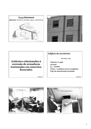 6.3.4 Estrutura
fissuras: térmicas, retração, ações, construtivas

Edifício de escritórios
São Paulo, 1999

Acidentes relacionados à
corrosão de armaduras
tracionadas em concretos
fissurados

Vistoria à 1998
23 anos
fck = 18 MPa
Custo = 3 andares novos completos
Eng. de manutenção na prisão

Tirante remanescente

7

 