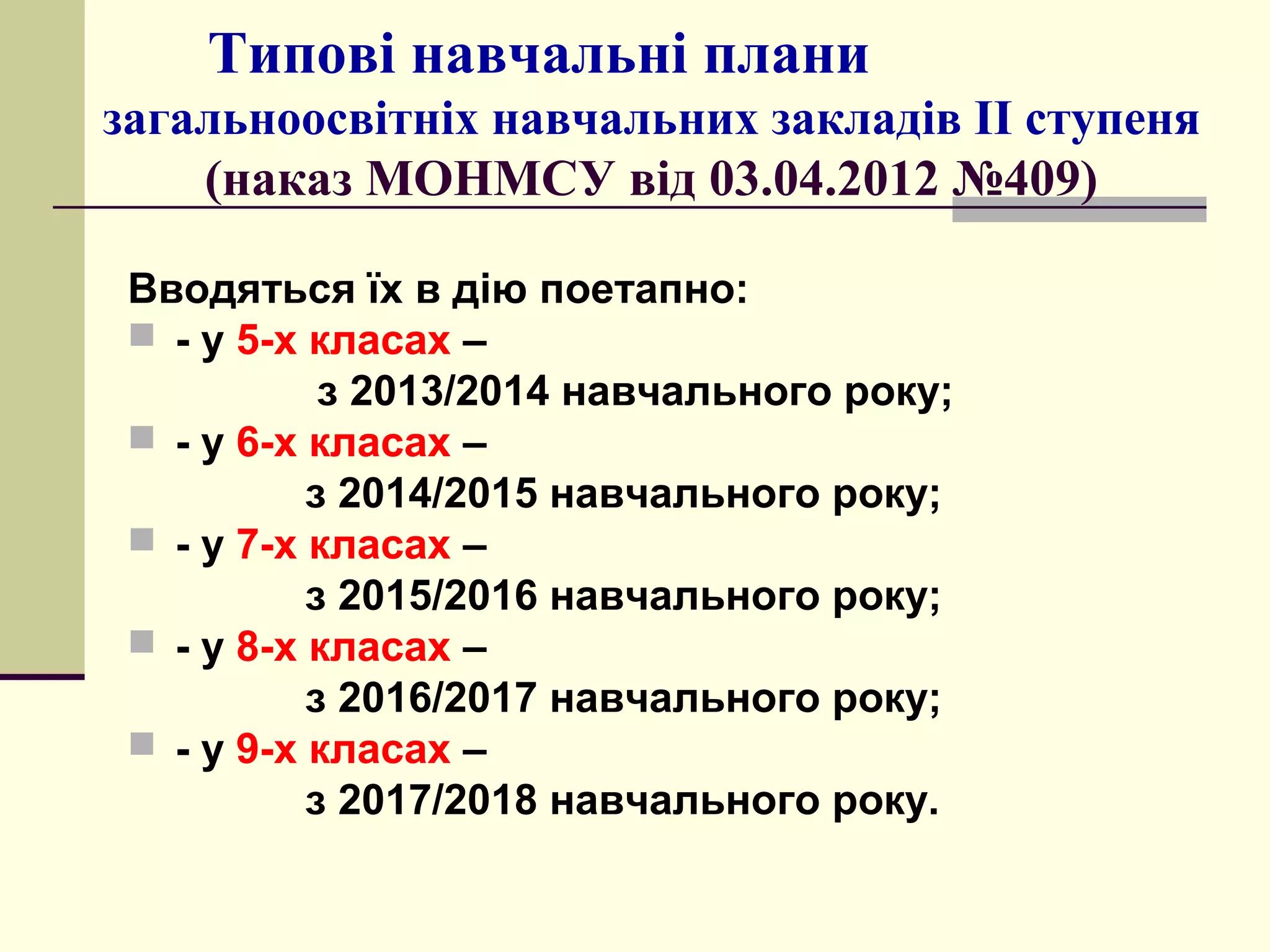 Типові навчальні плани
загальноосвітніх навчальних закладів ІІ ступеня
(наказ МОНМСУ від 03.04.2012 №409)
Вводяться їх в дію поетапно:
 - у 5-х класах –
з 2013/2014 навчального року;
 - у 6-х класах –
з 2014/2015 навчального року;
 - у 7-х класах –
з 2015/2016 навчального року;
 - у 8-х класах –
з 2016/2017 навчального року;
 - у 9-х класах –
з 2017/2018 навчального року.

 