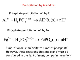 Precipitation by Al and Fe

Phosphate precipitation of by Al
3

Al  H n PO

(3 n ) 
4

 AlPO 4 (s)  nH



Phosphate precipitation of by Fe
3

Fe  H n PO

(3 n ) 
4

 FePO 4 (s)  nH



1 mol of Al or Fe precipitates 1 mol of phosphate.
However, these reactions are simple and must be
considered in the light of many competing reactions.

 