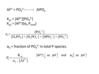 Al3+ + PO43-

AlPO4

Ksp = [Al3+][PO43-]
Ksp = [Al3+](α3.Ptotal)
[PO43- ]
α3 =
[H3PO4 ] + [H 2 PO4- ] + [HPO4 = ] + [PO 43- ]

α3 = fraction of PO43- in total P species.
PT =

K sp
α3 . [Al3+ ]

[Al3+]

as pH

and

α3 as pH

 