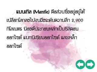 แมนเทิล (Mantle) คือส่วนซึ่งอยู่อยู่ใต้
เปลือกโลกลงไปจนถึงระดับความลึก 2,900
กิโลเมตร มีองค์ประกอบหลักเป็นซิลิคอน
ออกไซด์ แมกนีเซียมออกไซด์ และเหล็ก
ออกไซด์
 