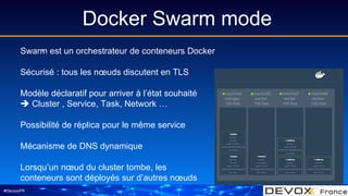 #DevoxxFR
Docker Swarm mode
.Swarm est un orchestrateur de conteneurs Docker
Sécurisé : tous les nœuds discutent en TLS
Mo...