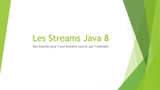 Les Streams Java 8
Des boucles java 7 aux Streams Java 8, par l’exemple
 