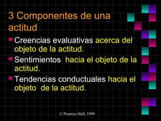 3 Componentes de una
actitud
 Creencias

evaluativas acerca del
objeto de la actitud.
 Sentimientos hacia el objeto de la
actitud.
 Tendencias conductuales hacia el
objeto de la actitud.
© Prentice Hall, 1999

 