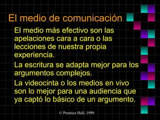 El medio de comunicación
El medio más efectivo son las
apelaciones cara a cara o las
lecciones de nuestra propia
experiencia.
La escritura se adapta mejor para los
argumentos complejos.
La videocinta o los medios en vivo
son lo mejor para una audiencia que
ya captó lo básico de un argumento.
© Prentice Hall, 1999

 