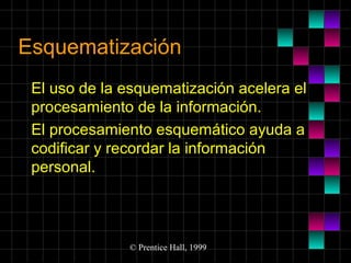 Esquematización
El uso de la esquematización acelera el
procesamiento de la información.
El procesamiento esquemático ayuda a
codificar y recordar la información
personal.

© Prentice Hall, 1999

 