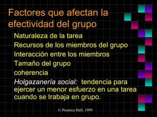 Factores que afectan la
efectividad del grupo
Naturaleza de la tarea
Recursos de los miembros del grupo
Interacción entre los miembros
Tamaño del grupo
coherencia
Holgazanería social: tendencia para
ejercer un menor esfuerzo en una tarea
cuando se trabaja en grupo.
© Prentice Hall, 1999

 