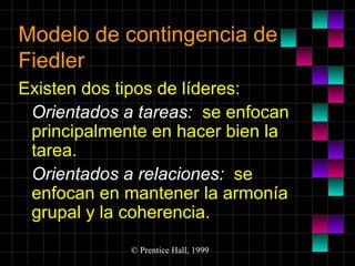 Modelo de contingencia de
Fiedler
Existen dos tipos de líderes:
Orientados a tareas: se enfocan
principalmente en hacer bien la
tarea.
Orientados a relaciones: se
enfocan en mantener la armonía
grupal y la coherencia.
© Prentice Hall, 1999

 