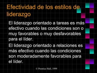 Efectividad de los estilos de
liderazgo
El liderazgo orientado a tareas es más
efectivo cuando las condiciones son o
muy favorables o muy desfavorables
para el líder.
El liderazgo orientado a relaciones es
más efectivo cuando las condiciones
son moderadamente favorables para
el líder.
© Prentice Hall, 1999

 