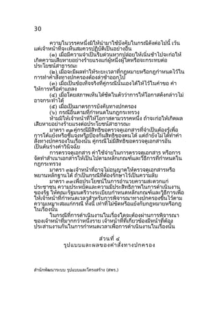 30
ควำมในวรรคหนึ่งมิให้นำำมำใช้บังคับในกรณีดังต่อไปนี้ เว้น
แต่เจ้ำหน้ำที่จะเห็นสมควรปฏิบัติเป็นอย่ำงอื่น
(๑) เมื่อมีควำมจำำเป็นรีบด่วนหำกปล่อยให้เนิ่นช้ำไปจะก่อให้
เกิดควำมเสียหำยอย่ำงร้ำยแรงแก่ผู้หนึ่งผู้ใดหรือจะกระทบต่อ
ประโยชน์สำธำรณะ
(๒) เมื่อจะมีผลทำำให้ระยะเวลำที่กฎหมำยหรือกฎกำำหนดไว้ใน
กำรทำำคำำสั่งทำงปกครองต้องล่ำช้ำออกไป
(๓) เมื่อเป็นข้อเท็จจริงที่คู่กรณีนั้นเองได้ให้ไว้ในคำำขอ คำำ
ให้กำรหรือคำำแถลง
(๔) เมื่อโดยสภำพเห็นได้ชัดในตัวว่ำกำรให้โอกำสดังกล่ำวไม่
อำจกระทำำได้
(๕) เมื่อเป็นมำตรกำรบังคับทำงปกครอง
(๖) กรณีอื่นตำมที่กำำหนดในกฎกระทรวง
ห้ำมมิให้เจ้ำหน้ำที่ให้โอกำสตำมวรรคหนึ่ง ถ้ำจะก่อให้เกิดผล
เสียหำยอย่ำงร้ำยแรงต่อประโยชน์สำธำรณะ
มำตรำ ๓๑ คู่กรณีมีสิทธิขอตรวจดูเอกสำรที่จำำเป็นต้องรู้เพื่อ
กำรโต้แย้งหรือชี้แจงหรือป้องกันสิทธิของตนได้ แต่ถ้ำยังไม่ได้ทำำคำำ
สั่งทำงปกครองในเรื่องนั้น คู่กรณีไม่มีสิทธิขอตรวจดูเอกสำรอัน
เป็นต้นร่ำงคำำวินิจฉัย
กำรตรวจดูเอกสำร ค่ำใช้จ่ำยในกำรตรวจดูเอกสำร หรือกำร
จัดทำำสำำเนำเอกสำรให้เป็นไปตำมหลักเกณฑ์และวิธีกำรที่กำำหนดใน
กฎกระทรวง
มำตรำ ๓๒เจ้ำหน้ำที่อำจไม่อนุญำตให้ตรวจดูเอกสำรหรือ
พยำนหลักฐำนได้ ถ้ำเป็นกรณีที่ต้องรักษำไว้เป็นควำมลับ
มำตรำ ๓๓เพื่อประโยชน์ในกำรอำำนวยควำมสะดวกแก่
ประชำชน ควำมประหยัดและควำมมีประสิทธิภำพในกำรดำำเนินงำน
ของรัฐ ให้คณะรัฐมนตรีวำงระเบียบกำำหนดหลักเกณฑ์และวิธีกำรเพื่อ
ให้เจ้ำหน้ำที่กำำหนดเวลำสำำหรับกำรพิจำรณำทำงปกครองขึ้นไว้ตำม
ควำมเหมำะสมแก่กรณี ทั้งนี้ เท่ำที่ไม่ขัดหรือแย้งกับกฎหมำยหรือกฎ
ในเรื่องนัน
้
ในกรณีที่กำรดำำเนินงำนในเรื่องใดจะต้องผ่ำนกำรพิจำรณำ
ของเจ้ำหน้ำที่มำกกว่ำหนึ่งรำย เจ้ำหน้ำที่ที่เกี่ยวข้องมีหน้ำที่ต้อง
ประสำนงำนกันในกำรกำำหนดเวลำเพื่อกำรดำำเนินงำนในเรื่องนั้น
ส่ว นที่ ๔
รูป แบบและผลของคำำ สั่ง ทำงปกครอง

สำำนักพัฒนำระบบ รูปแบบและโครงสร้ำง (สพร.)

 
