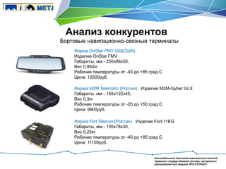 Анализ конкурентов
Бортовые навигационно-связные терминалы
Фирма OnStar FMV GM(США)
Изделие OnStar FMV
Габариты, мм - 250х88х50,
Вес 0,950кг
Рабочие температуры от -40 до +85 град С
Цена: 12500руб.
Фирма M2M Telematic (Россия) Изделие М2М-Gyber GLX
Габариты, мм - 155х122х45,
Вес 0,3кг
Рабочие температуры от -20 до +50 град С
Цена: 9900руб.
Фирма Fort Telecom(Россия) Изделие Fort-11EG
Габариты, мм - 105х78х30,
Вес 0,25кг
Рабочие температуры от -40 до +85 град С
Цена: 11100руб.

Автомобильный бортовой навигационно-связной
терминал государственной системы экстренного
реагирования при авариях ЭРА-ГЛОНАСС

 