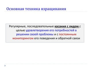 Основная техника взращивания

Регулярные, последовательные касания с лидом с
целью удовлетворения его потребностей в
решении своей проблемы и с постоянным
мониторингом его поведения и обратной связи

 