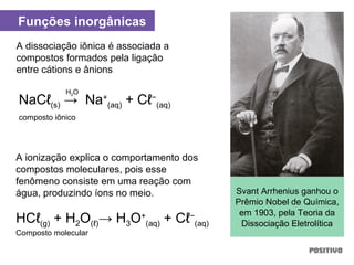 A dissociação iônica é associada a
compostos formados pela ligação
entre cátions e ânions
A ionização explica o comportamento dos
compostos moleculares, pois esse
fenômeno consiste em uma reação com
água, produzindo íons no meio.
HCℓ(g) + H2O(ℓ)→ H3O+
(aq) + Cℓ−
(aq)
Composto molecular
NaCℓ(s) → Na+
(aq) + Cℓ−
(aq)
composto iônico
H2O
Funções inorgânicas
Svant Arrhenius ganhou o
Prêmio Nobel de Química,
em 1903, pela Teoria da
Dissociação Eletrolítica
 