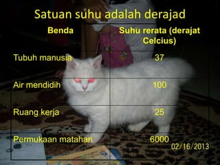 Satuan suhu adalah derajad
Benda Suhu rerata (derajat
Celcius)
Tubuh manusia 37
Air mendidih 100
Ruang kerja 25
Permukaan matahari 6000
 