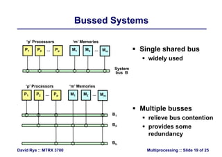 B d S tBussed Systems
 Single shared busP1 P2 Pp M1 M2 Mm
‘p’ Processors ‘m’ Memories
... ... g
 widely used
SystemSystem
bus B
‘p’ Processors ‘m’ Memories
P1 P2 Pp M1 M2 Mm
p Processors m Memories
... ...
 Multiple busses
 relieve bus contention
B1
 provides some
redundancy
B2
Multiprocessing :: Slide 19 of 25David Rye :: MTRX 3700
Bb
 