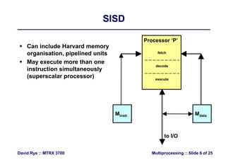 SISDSISD
 Can include Harvard memory
organisation pipelined units
Processor ‘P’
fetchorganisation, pipelined units
 May execute more than one
instruction simultaneously
fetch
decode
st uct o s u ta eous y
(superscalar processor) execute
Minstr Mdata
to I/O
Multiprocessing :: Slide 6 of 25David Rye :: MTRX 3700
 