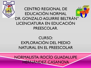 CENTRO REGIONAL DE
EDUCACIÓN NORMAL
“DR. GONZALO AGUIRRE BELTRÁN”
LICENCIATURA EN EDUCACIÓN
PREESCOLAR.
CURSO:
EXPLORACIÓN DEL MEDIO
NATURAL EN EL PREESCOLAR
NORMALISTA: ROCÍO GUADALUPE
HERNÁNDEZ CASANOVA
 
