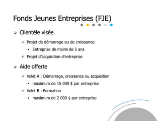 Fonds Jeunes Entreprises (FJE)
 Clientèle visée
 Projet de démarrage ou de croissance:
 Entreprise de moins de 5 ans
 Projet d’acquisition d’entreprise
 Aide offerte
 Volet A : Démarrage, croissance ou acquisition
 maximum de 15 000 $ par entreprise
 Volet B : Formation
 maximum de 2 000 $ par entreprise
 