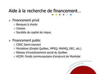 Aide à la recherche de financement…
 Financement privé
 Banques à charte
 Caisses
 Sociétés de capital de risque
 Financement public
 CDEC Saint-Léonard
 Ministères (Emploi Québec, MFEQ, MAPAQ, DEC, etc.)
 Réseau d’investissement social du Québec
 ACEM: Fonds communautaire d'emprunt de Montréal
 