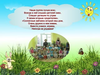 Наша группа лучше всех,Наша группа лучше всех,
Всегда в ней слышен детский смех,Всегда в ней слышен детский смех,
Спешат детишки по утрамСпешат детишки по утрам
К своим вторым «родителям».К своим вторым «родителям».
«Солнечные зайчики»-второй наш дом,«Солнечные зайчики»-второй наш дом,
Очень дружно в нем живем,Очень дружно в нем живем,
Вместе учимся, играем,Вместе учимся, играем,
Никогда не унываем!Никогда не унываем!
 