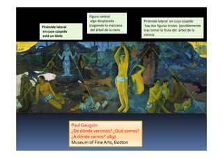 Paul Gauguin
¿De dónde venimos? ¿Qué somos?
¿A dónde vamos? 1897
Museum of Fine Arts, Boston
Pirámide lateral
en cuya cúspide
está un ídolo
Figura central
algo desplazada
(cogiendo la manzana
del árbol de la ciencia)
Pirámide lateral en cuya cúspide
hay dos figuras tristes (posiblemente
tras tomar la fruta del árbol de la
ciencia
 