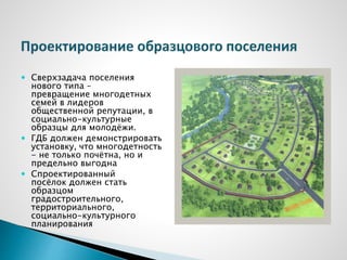  Сверхзадача поселения
нового типа –
превращение многодетных
семей в лидеров
общественной репутации, в
социально-культурные
образцы для молодёжи.
 ГДБ должен демонстрировать
установку, что многодетность
- не только почётна, но и
предельно выгодна
 Спроектированный
посёлок должен стать
образцом
градостроительного,
территориального,
социально-культурного
планирования
 