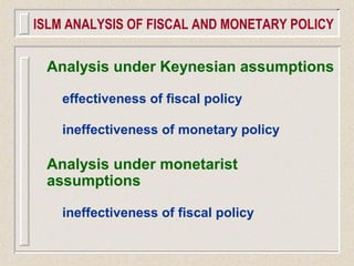Analysis under Keynesian assumptions
effectiveness of fiscal policy
ineffectiveness of monetary policy
Analysis under monetarist
assumptions
ineffectiveness of fiscal policy
ISLM ANALYSIS OF FISCAL AND MONETARY POLICY
 