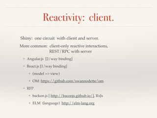 Reactivity: client. 
Shiny: one circuit with client and server. 
More common: client-only reactive interactions, ! 
REST/RPC with server 
❖ Angular.js [2/way binding]! 
❖ React.js [1/way binding] ! 
❖ (model => view)! 
❖ OM: https://github.com/swannodette/om! 
❖ RFP! 
❖ backon.js [ http://baconjs.github.io/], RxJs! 
❖ ELM (language) http://elm-lang.org! 
 