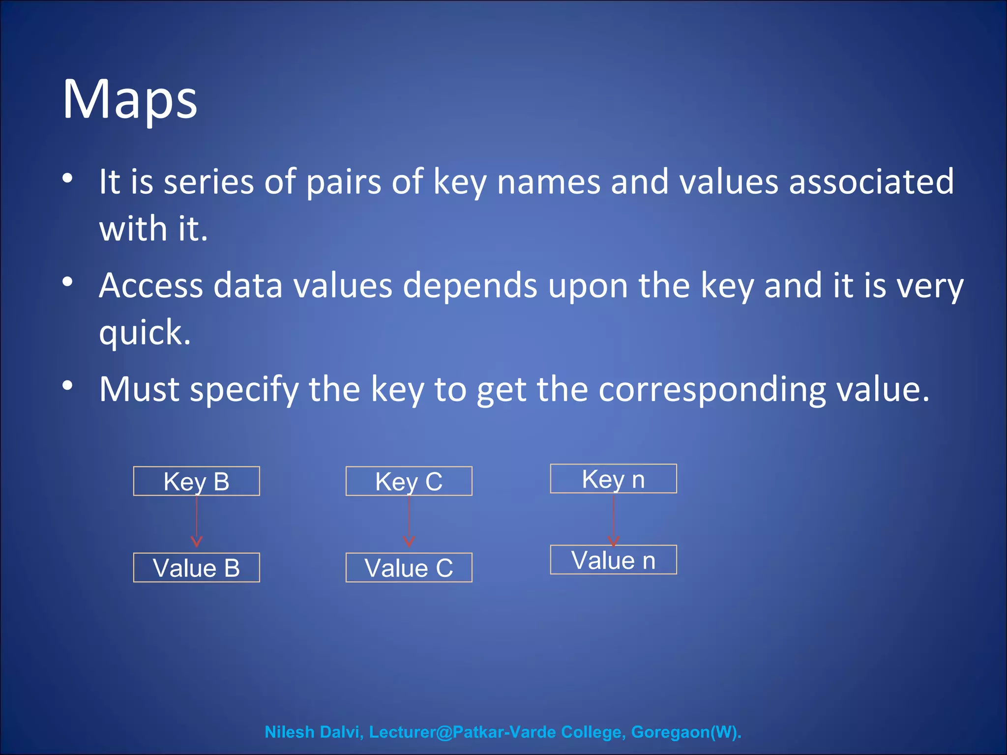 Maps 
• It is series of pairs of key names and values associated 
with it. 
• Access data values depends upon the key and it is very 
quick. 
• Must specify the key to get the corresponding value. 
Key B Key C 
Key n 
Value B Value C Value n 
Nilesh Dalvi, Lecturer@Patkar-Varde College, Goregaon(W). 
 