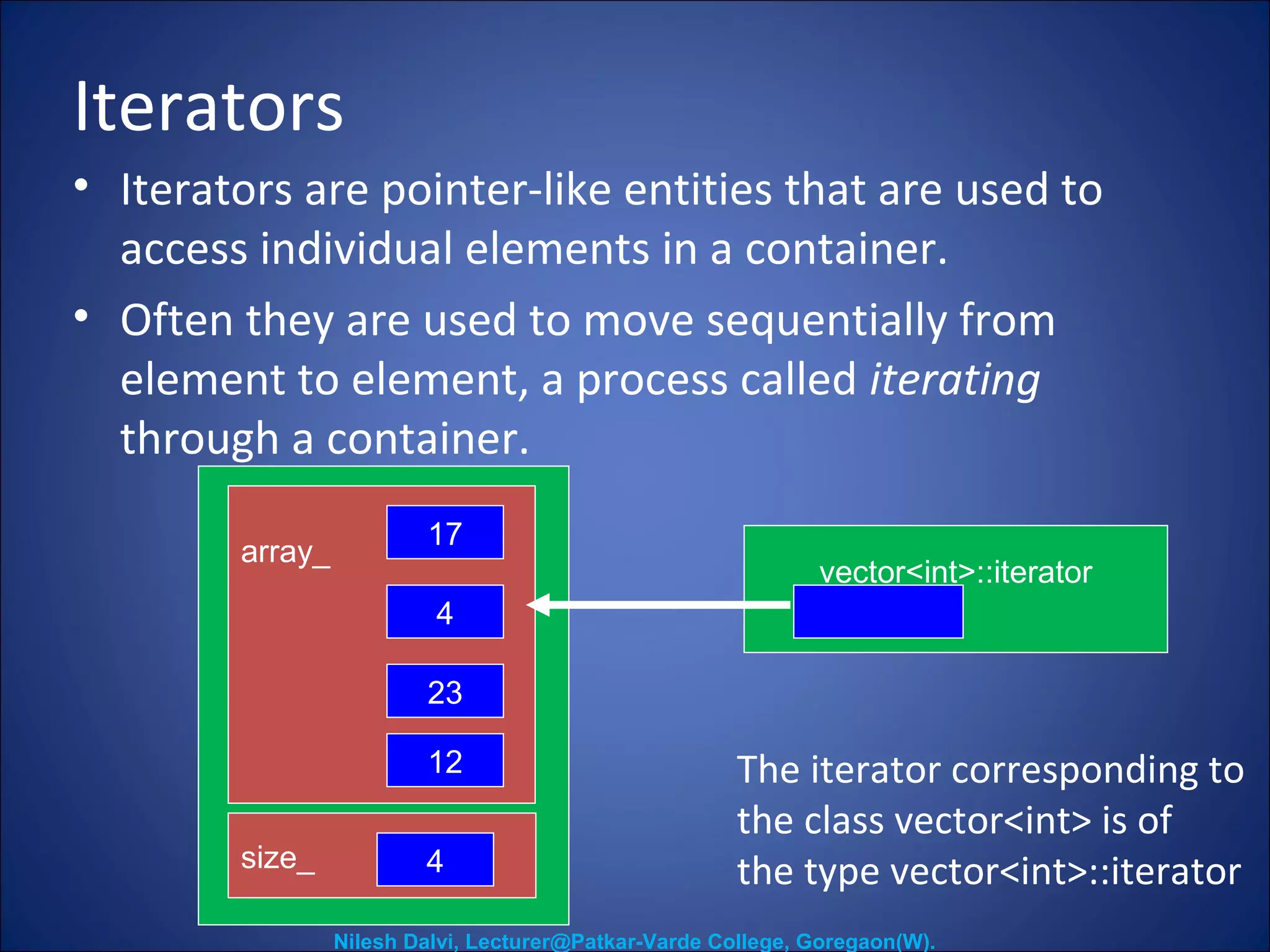 Iterators 
• Iterators are pointer-like entities that are used to 
access individual elements in a container. 
• Often they are used to move sequentially from 
element to element, a process called iterating 
through a container. 
vector<int> 
array_ 17 
4 
23 
12 
size_ 4 
vector<int>::iterator 
The iterator corresponding to 
the class vector<int> is of 
the type vector<int>::iterator 
Nilesh Dalvi, Lecturer@Patkar-Varde College, Goregaon(W). 
 