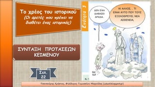 Το χρέος του ιστορικού (Οι αρετές που πρέπει να διαθέτει ένας ιστορικός) 
Σελ. 22ΣΥΝΤΑΞΗ ΠΡΟΤΑΣΕΩΝ ΚΕΙΜΕΝΟΥ 
Τσατσούρης Χρήστος, Φιλόλογος Γυμνασίου Μαγούλας (xtsat.blogspot.gr) 
 