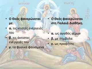 • Ο Θεός φανερώνεται
µε.
• α. τις κτιστές ενέργειές
του
• β. τις άκτιστες
ενέργειές του
• γ. τα φυσικά φαινόµενα
• Ο Θεός φανερώνεται
στη Παλαιά ∆ιαθήκη.
• α. ως αγαθός γέρων
• β. µε σύµβολα
• γ. ως προφήτης
 