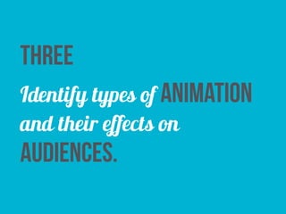 three 
Identify types of animation 
and their effects on 
audiences. 
 