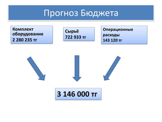 Прогноз Бюджета 
Комплект 
оборудование 
2 280 235 тг 
Сырьё 
722 933 тг 
3 146 000 тг 
Операционные 
расходы 
143 120 тг 
 