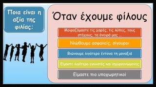 Ποια είναι η αξία της φιλίας; 
Όταν έχουμε φίλους 
Μοιραζόμαστε τις χαρές, τις λύπες, τους στόχους, τα όνειρά μας … 
Νιώθουμε ασφαλείς, σίγουροι 
Βιώνουμε λιγότερο έντονα τη μοναξιά 
Είμαστε λιγότερο εγωιστές και ισχυρογνώμονες 
Είμαστε πιο υποχωρητικοί  
