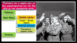 Πιστεύετε ότι η παρέα έχει τα ίδια χαρακτηριστικά και την ίδια αξία με την πραγματική φιλία; 
Πρόλογος 
Κύριο Μέρος 
Ορισμός παρέας 
Στόχοι -θετικά παρέας 
Αρνητικές συνέπειες 
Περιεχόμενο – σημασία φιλίας 
Επίλογος  