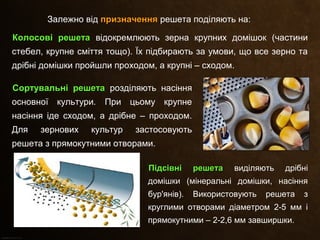 Залежно від призначенняпризначення решета поділяють на:
Колосові решетаКолосові решета відокремлюють зерна крупних домішок (частини
стебел, крупне сміття тощо). Їх підбирають за умови, що все зерно та
дрібні домішки пройшли проходом, а крупні – сходом.
Сортувальні решетаСортувальні решета розділяють насіння
основної культури. При цьому крупне
насіння іде сходом, а дрібне – проходом.
Для зернових культур застосовують
решета з прямокутними отворами.
Підсівні решетаПідсівні решета виділяють дрібні
домішки (мінеральні домішки, насіння
бур'янів). Використовують решета з
круглими отворами діаметром 2-5 мм і
прямокутними – 2-2,6 мм завширшки.
 